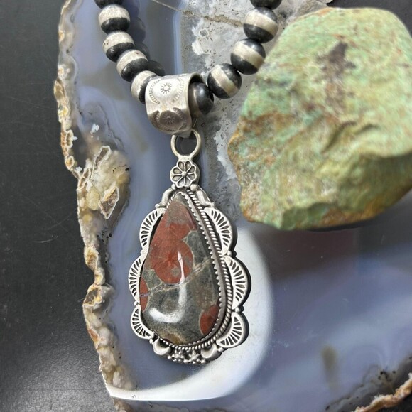 Sterling Silver Southwestern Style Teardrop Peanut Obsidian Pendant For Women - Picture 5 of 10